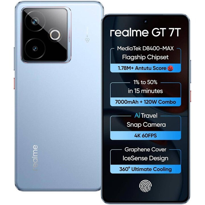 Realme GT 7T 5G, 12GB 256GB, Dual Sim, MediaTek Dimensity 8400 Max Battery 7000mAh Blue