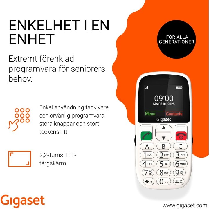 Gigaset Gl395 5,59 Cm (2.2") 90 G Blanco Teléfono Para Personas Mayores