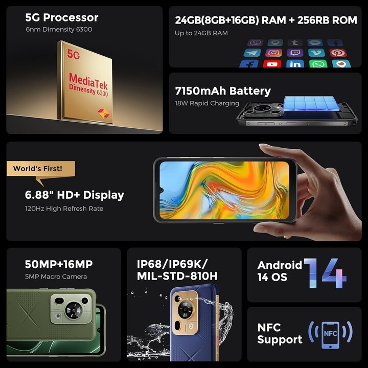 Fossibot F112 Pro 5G, 8 Go 256 Go, 6,88 LCD IPS HD+, 7150 mAh, noir