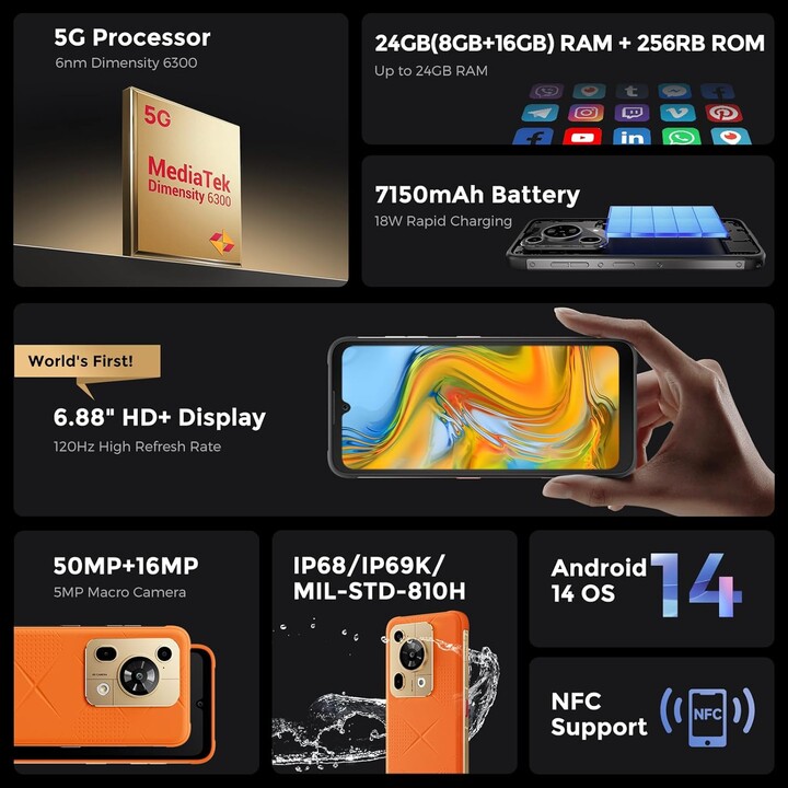 Fossibot F112 Pro 5G, 8GB 256GB, 6.88 LCD IPS HD+, 7150mAh, Orange