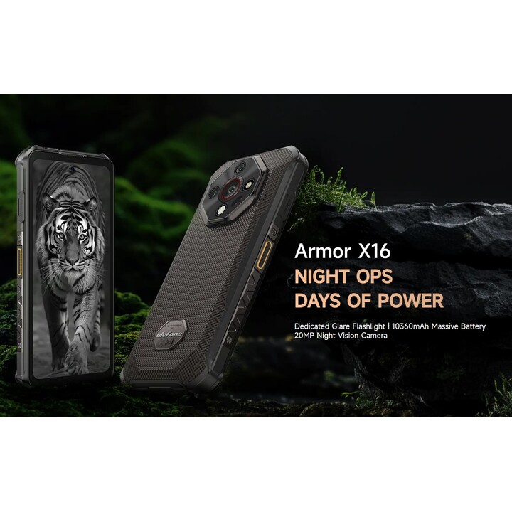 Ulefone Armor X16, 12GB+128GB/SD-2TB, Android 15, 10360mAh, 48MP+16MP+20MP, 3-Slots/Face ID/Fingerprint/GPS/OTG/NFC, Black