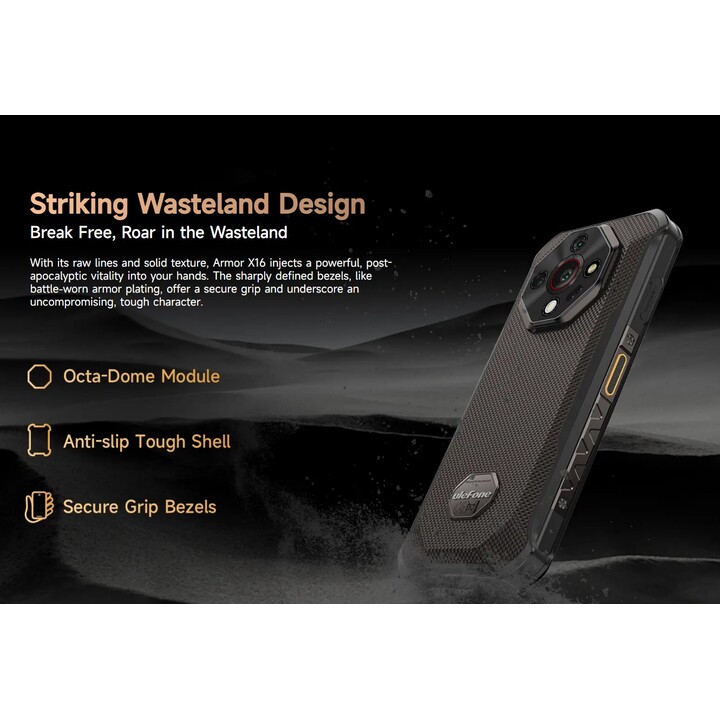 Ulefone Armor X16, 12GB+128GB/SD-2TB, Android 15, 10360mAh, 48MP+16MP+20MP, 3-Slots/Face ID/Fingerprint/GPS/OTG/NFC, Black