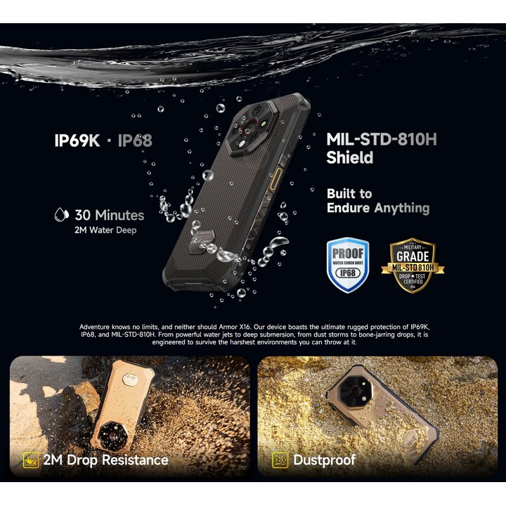 Ulefone Armor X16, 12GB+128GB/SD-2TB, Android 15, 10360mAh, 48MP+16MP+20MP, 3-Slots/Face ID/Fingerprint/GPS/OTG/NFC, Black