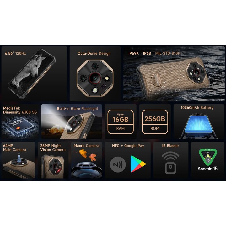 Ulefone Armor X16 Pro 5G, 8GB 256GB, 64MP Triple Camera 25MP Visión nocturna, Wasteland Shadow, Negro