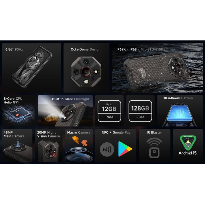 Ulefone Armor X16, 12 GB+128GB/SD-2TB, Android 15, 10360MAH, 48 MP+16MP+20MP, 3-SLOTS/VACCIO/ID viso/impronta digitale/GPS/OTG/N