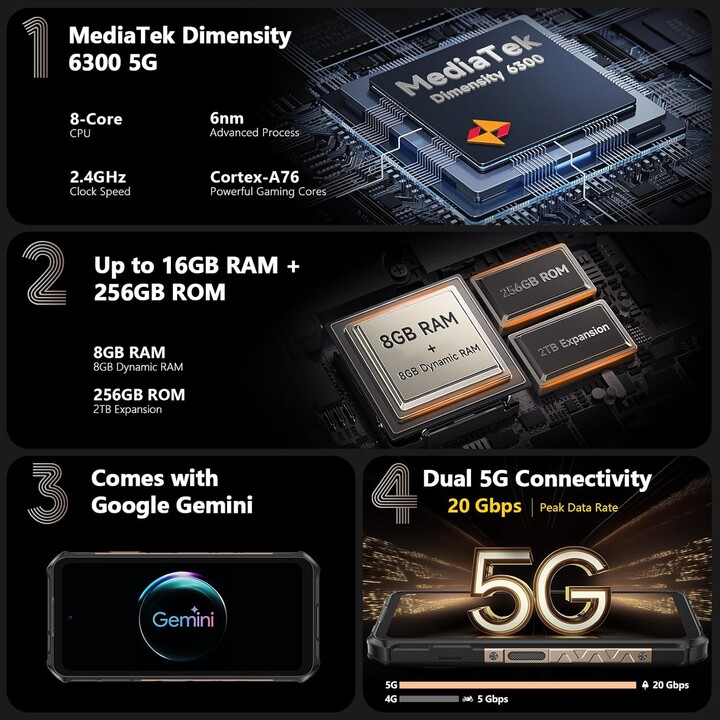 Ulefone Armor X16 Pro 5G, 8GB 256GB, 64MP Triple Camera 25MP Night Vision, Wasteland Shadow, Sand Dune