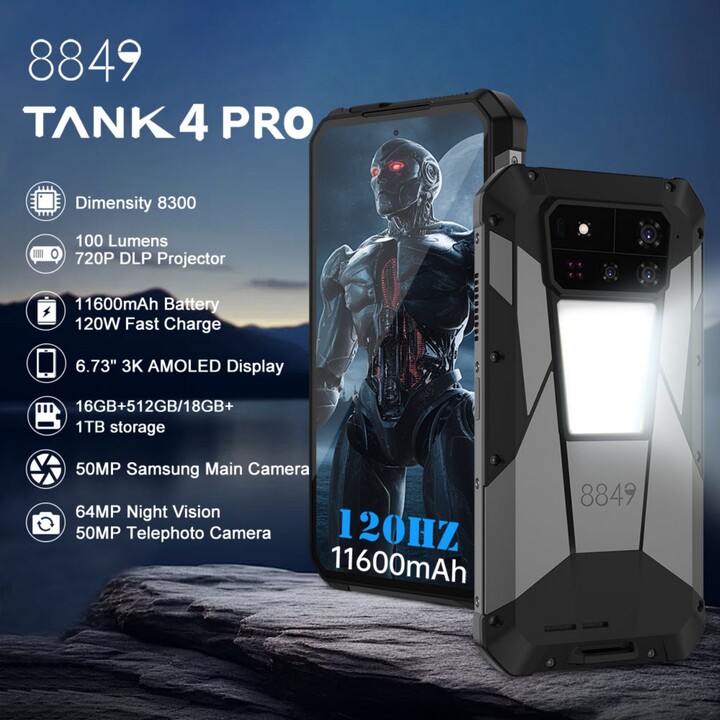 Unihertz 8849 Tank 4 Pro Cinema Projector 5G 16GB/512GB Negro Rugged