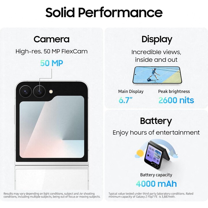Samsung Galaxy Z Flip7 FE 5G, 8GB 128GB, AI Phone, Wide Cover Screen, 50MP Camera, Smooth Processor, White