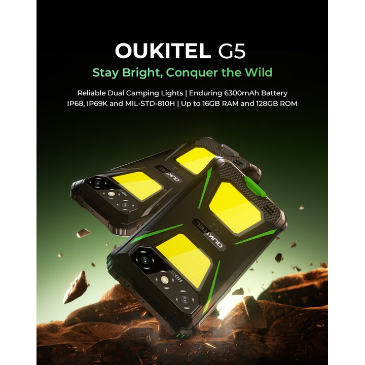 Oukitel G5, 4+12GB RAM, 64GB/TF 1TB, 900LM Dual Camping Light, 6 pantalla, 6300 mAh, 13MP, Sim dual, negro