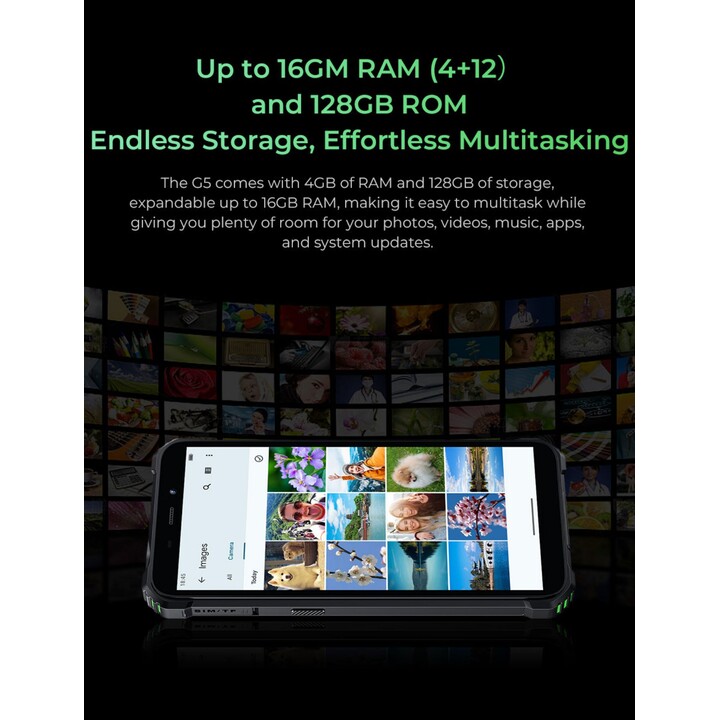 Oukitel G5, 4+12GB RAM, 64GB/TF 1TB, 900LM Dual Camping Light, 6 pantalla, 6300 mAh, 13MP, Sim dual, negro