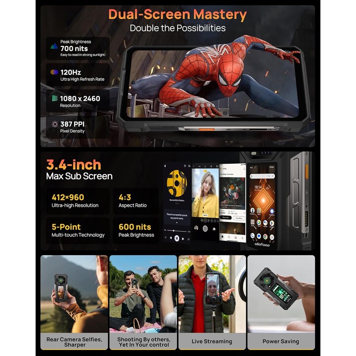 Ulefone Armor 33 Pro 5G, 32GB+512 GB/2TB, tela dupla, dimensidade 7300+, 6,95+3,4 FHD+120Hz, 50mp+64mp+32mp, preto