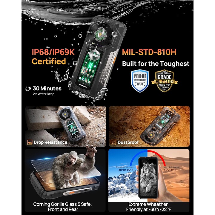 Ulefone Armor 33 Pro 5G, 32GB+512 GB/2TB, tela dupla, dimensidade 7300+, 6,95+3,4 FHD+120Hz, 50mp+64mp+32mp, preto