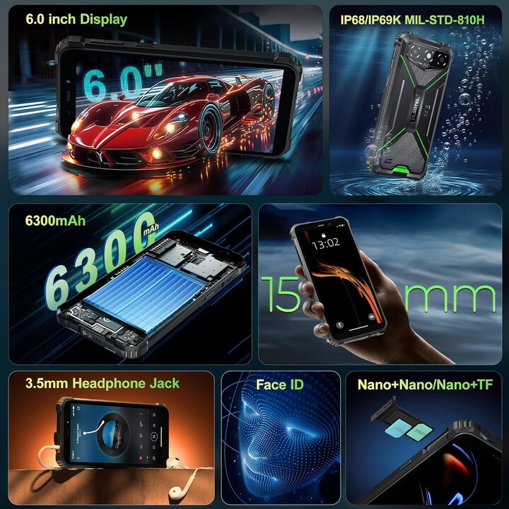 OUKITEL G3, 16GB + 128GB (1TB), 13MP + 5MP Camera, 6300mAh Battery, 6.0 Inch HD +, Dual SIM, 3.5mm Jack, GPS, Face ID, Black