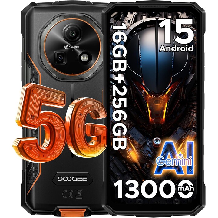 DOOGEE Fire 7 5G, 16GB+256 GB/2 TB, Android 15, 13000mAh/18W, 6,6 HD+90 Hz, 64 MP+16 MP, Orange