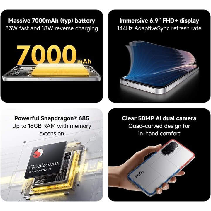 Xiaomi Poco M7, 8+256GB, 6.9 FHD+ 144Hz Display, Snapdragon 685, 50MP AI dual camera, 7000mAh, Black