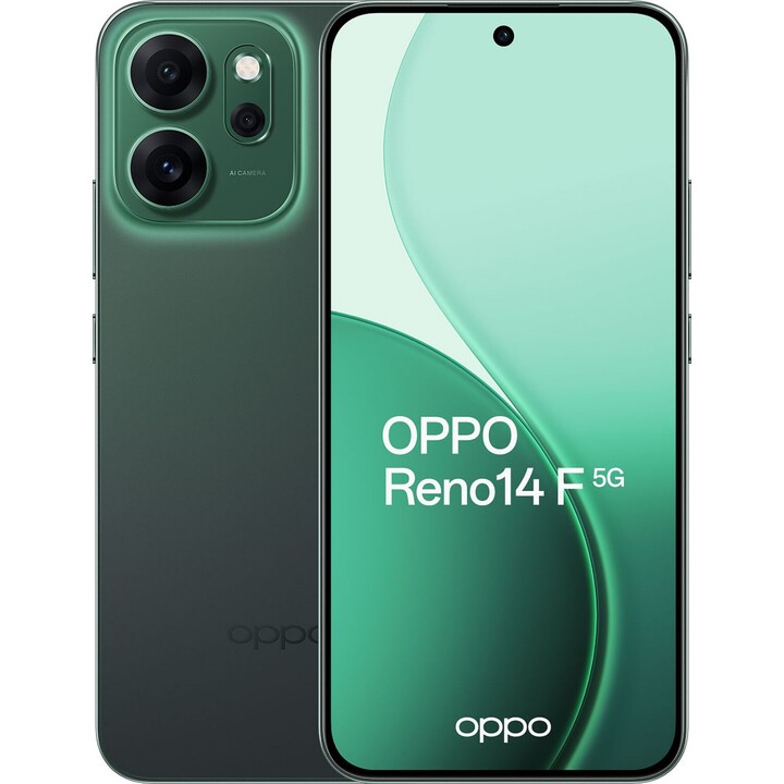 OPPO Reno14 F 5G, 8GB 256 GB, 6,57 AMOLED, 50 MP, IP69, schnelles Laden, 45W, leuchtend grün