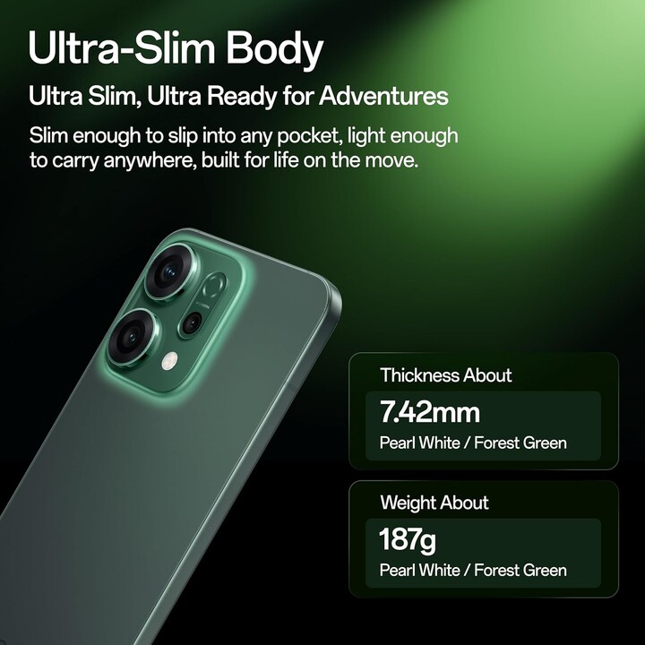 OPPO Reno14 F 5G, 8GB 256 GB, 6,57 AMOLED, 50 MP, IP69, schnelles Laden, 45W, leuchtend grün