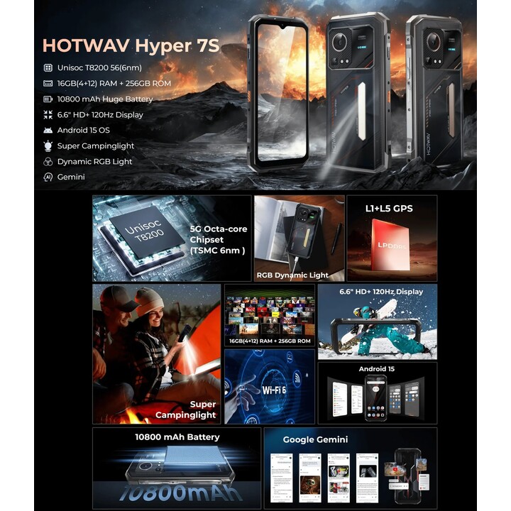 Hotwav Hyper 7s 5G, 4GB 256GB, 6.6 Screen, 120Hz, 10800 mAh, 20W, Black Rugged