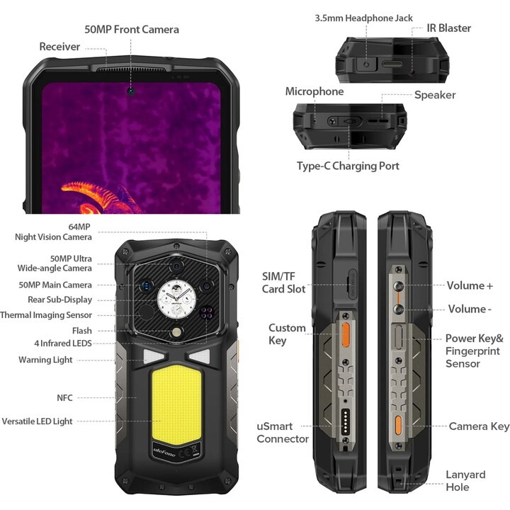 Smartphone Ulefone Armor 29 Pro Thermal 5G, 16 Go 512 Go, 6,67 écran, 21200 mAh, 120W, noir