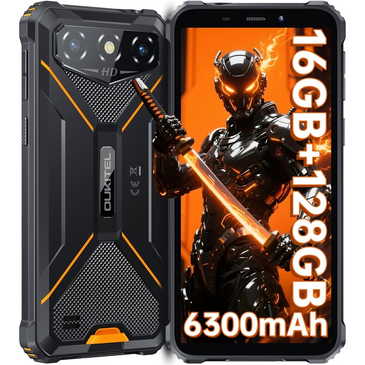 OUKITEL G3, 16GB + 128GB, 13MP + 5MP Camera, 6300mAh Battery, 6.0 Inch HD +, Dual SIM, 3.5mm Jack, GPS, Face ID, Orange