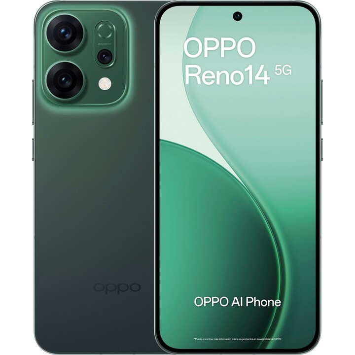 Oppo Reno14 5G, 12GB 256GB, 6.59 AMOLED, 50MP, IP69, carga rápida, 80W, verde luminoso
