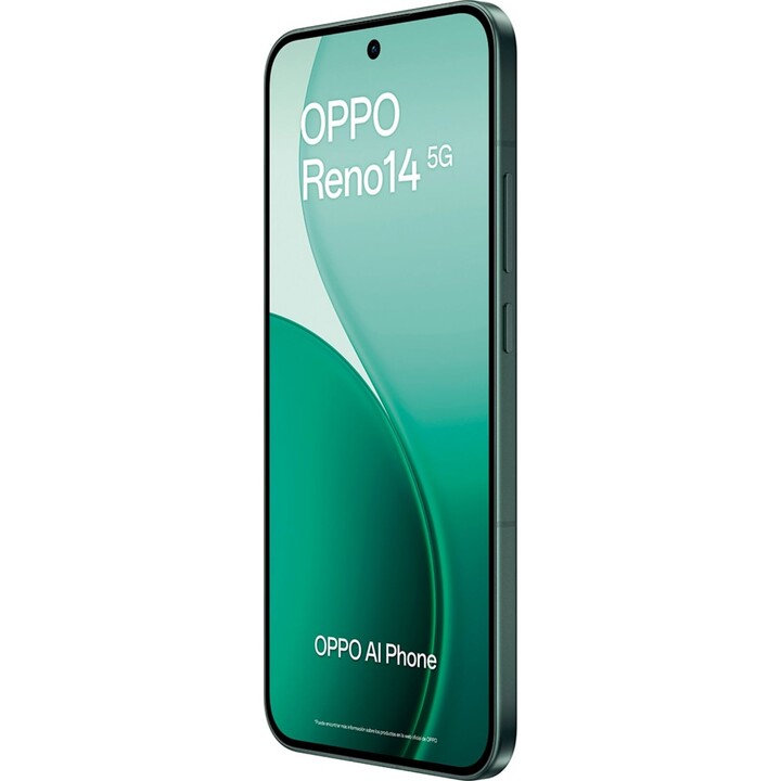 Oppo Reno14 5G, 12GB 256GB, 6.59 AMOLED, 50MP, IP69, carga rápida, 80W, verde luminoso