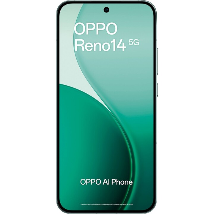 Oppo Reno14 5G, 12GB 256GB, 6.59 AMOLED, 50MP, IP69, carga rápida, 80W, verde luminoso