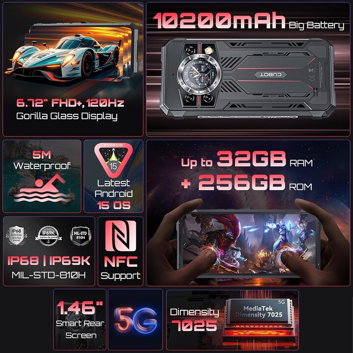 Cubot Kingkong 11 5G, 16GB 256GB, LCD 6.72 IPS FullHD+, Dimensity 7025, 10200mAh, Dual Sim, Negro