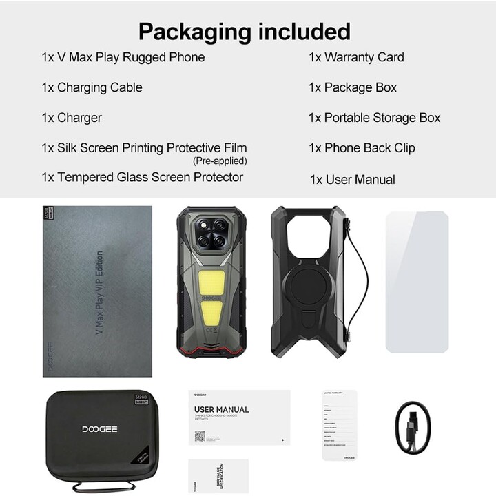 Doogee V Max Play VIP Edition 5G, 16GB 512GB, 6,78 IPS FHD+ 120Hz, 20500mAh, com projetor, preto