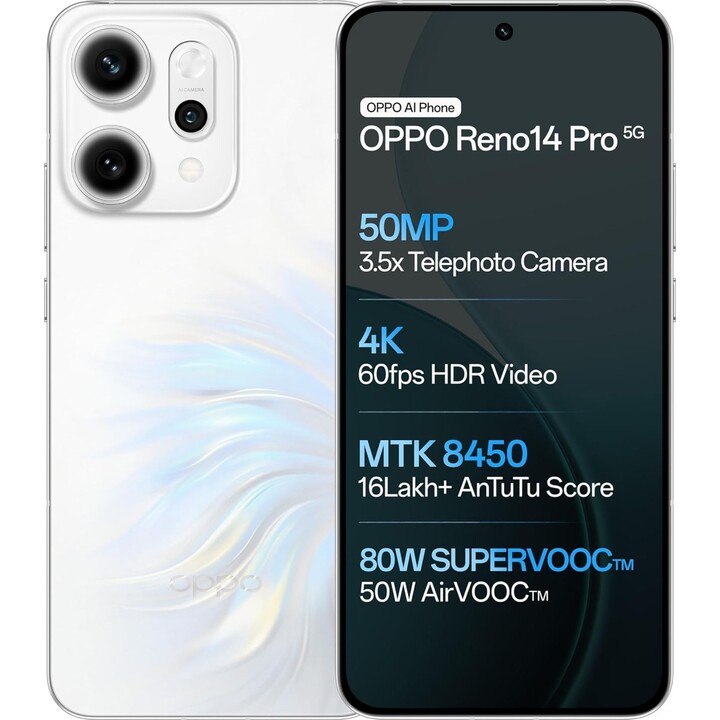 Oppo Reno14 Pro 5G, 12GB 512GB, 6,83 AMOLED FHD+, 6200mAh, branco opala