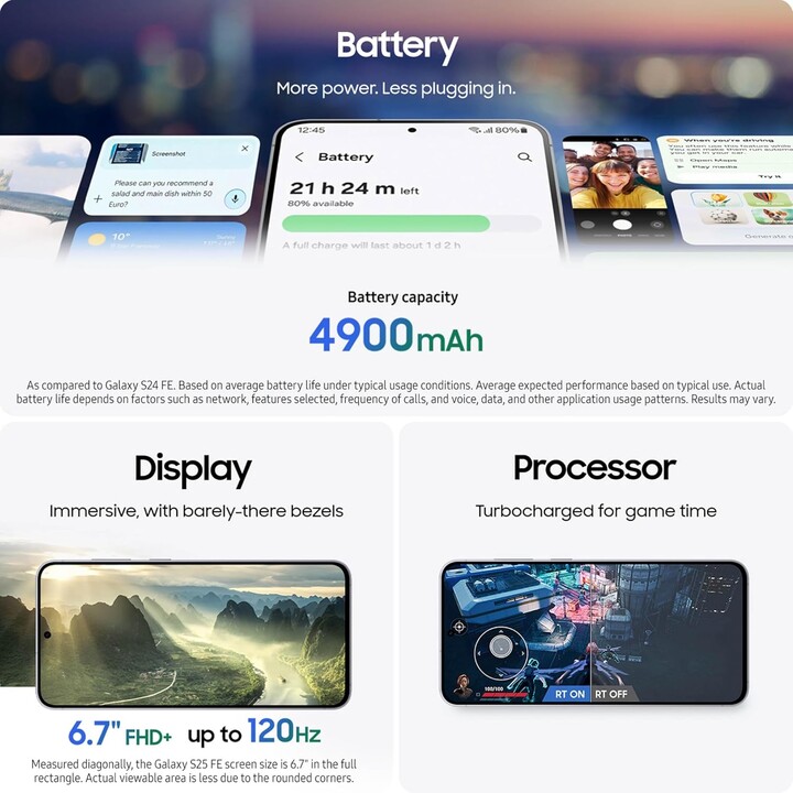 Samsung Galaxy S25 FE, 8GB RAM 512GB, with Galaxy AI, 6.7 Inch FHD Display, 50MP, 4900mAh, Glacier Blue
