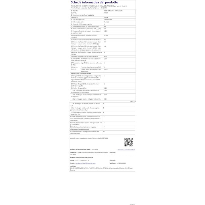 Oukitel WP60 5G, 16 Go 512 Go, 7,2 LCD IPS HD+, 10 000 mAh, jaune #ficha