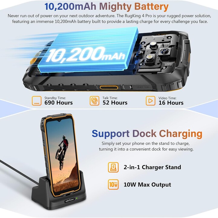 Ulefone RugKing 4 Pro, 8GB 256GB, 6.56 IPS, 10200mAh, Black