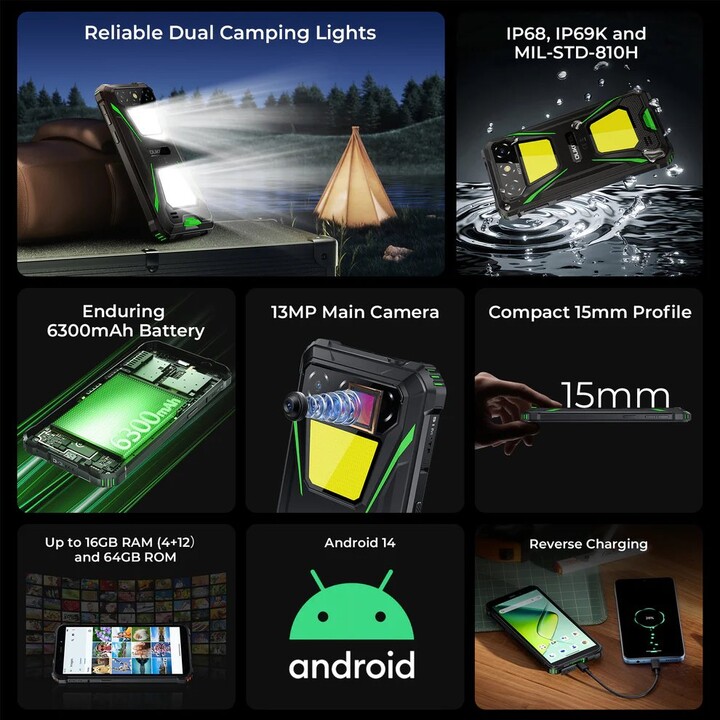 Oukitel G5, 4+12GB RAM, 64GB/TF 1TB, 900LM Dual Camping Light, 6 pantalla, 6300 mAh, 13MP, Sim dual, Naranja