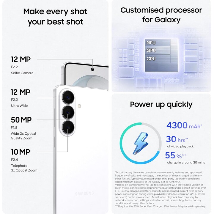 Samsung Galaxy S26 S942, 12GB+512GB, Galaxy AI, Cámara de 50MP, White