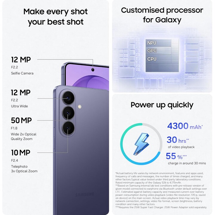 Samsung Galaxy S26 S942, 12GB+128GB, Galaxy AI, 50MP Camera, Enterprise Edition, Cobalt Violet
