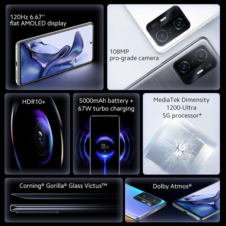 Xiaomi 11T 5G, 8 Go 128 Go, 6,67 FHD+, 5 000 mAh, gris météorite