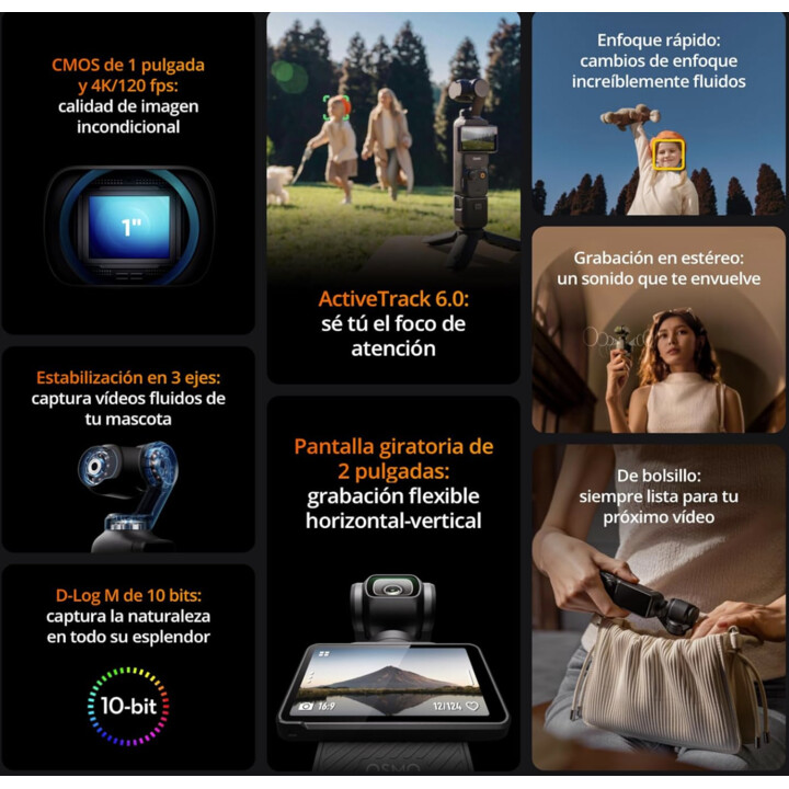 DJI Osmo Pocket 3, cámara con sensor CMOS de 1" y vídeo 4K/120fps, estabilización en 3 ejes, enfoque rápido, seguimiento de cara