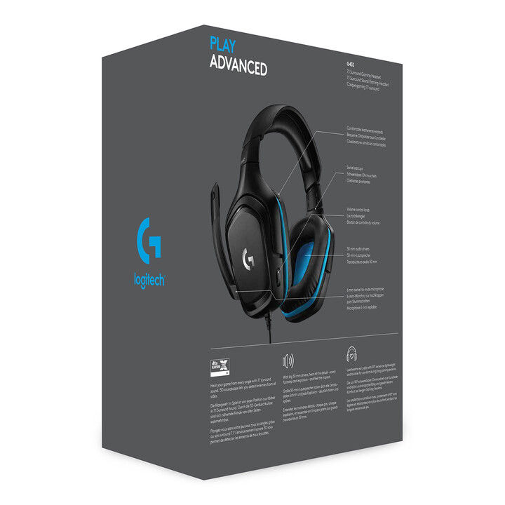 Logitech G G432 Auscultadores Arco Conector de 3,5 mm Preto, Azul
