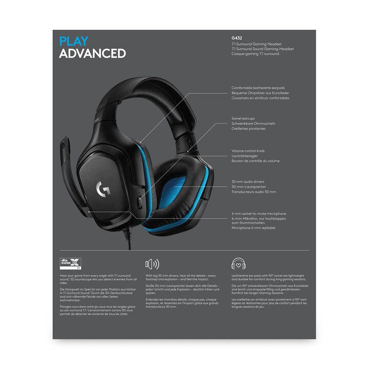 Logitech G G432 Auscultadores Arco Conector de 3,5 mm Preto, Azul