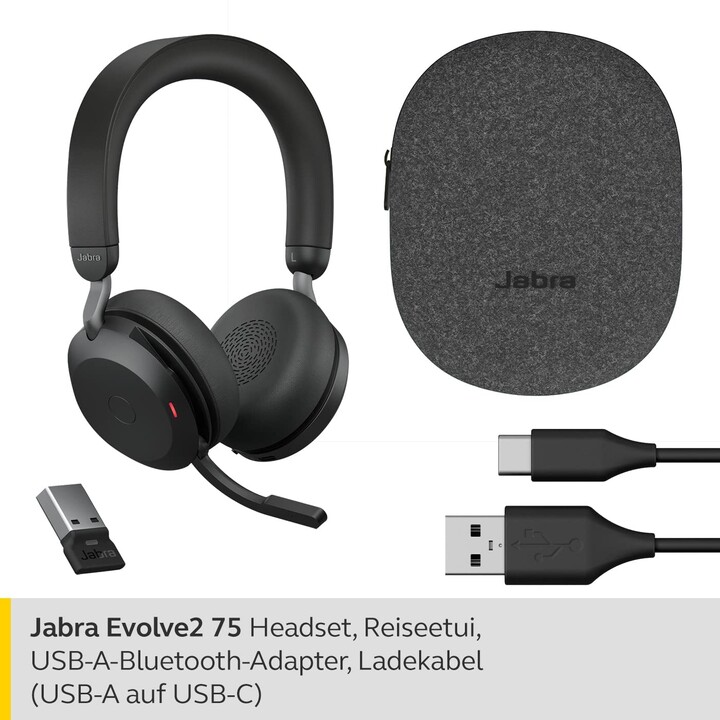 Jabra Evolve2 75 UC Stereo Headset On-Ear (Bluetooth, sem fio, ANC, USB)