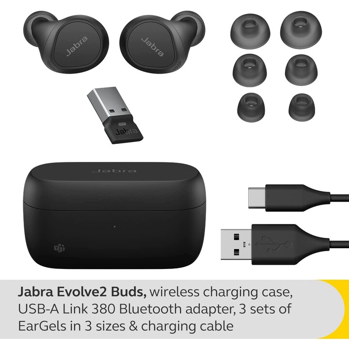 Auriculares internos Jabra Evolve2 Buds MS (Bluetooth, inalámbrico, USB-C, estuche de carga)