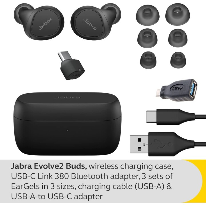 jabra Auriculares internos Evolve2 Buds UC (Bluetooth, inalámbrico, USB-C, estuche de carga)