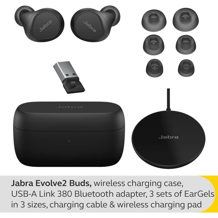 Jabra Auriculares internos Evolve2 Buds UC (Bluetooth, inalámbrico, USB-A, estuche de carga, almohadilla de carga inalámbrica)