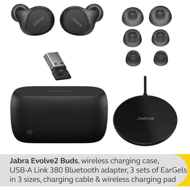 Jabra Evolve2 Buds MS Headset In-Ear (Bluetooth, sans fil, USB-A, étui de chargement, chargeur sans fil)