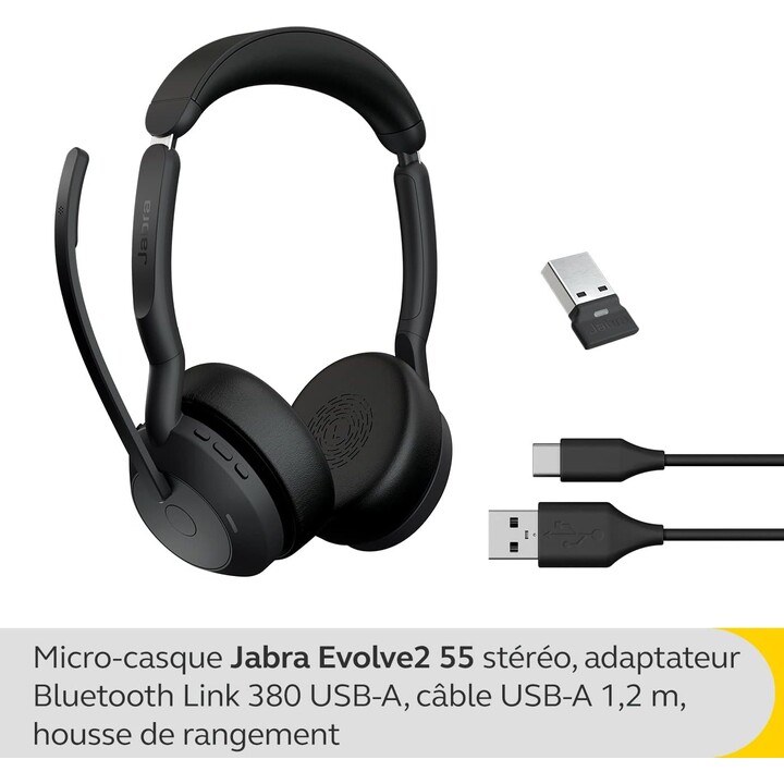 Jabra Evolve2 55 MS Stereo Headset On-Ear (Bluetooth, wireless, USB-A)
