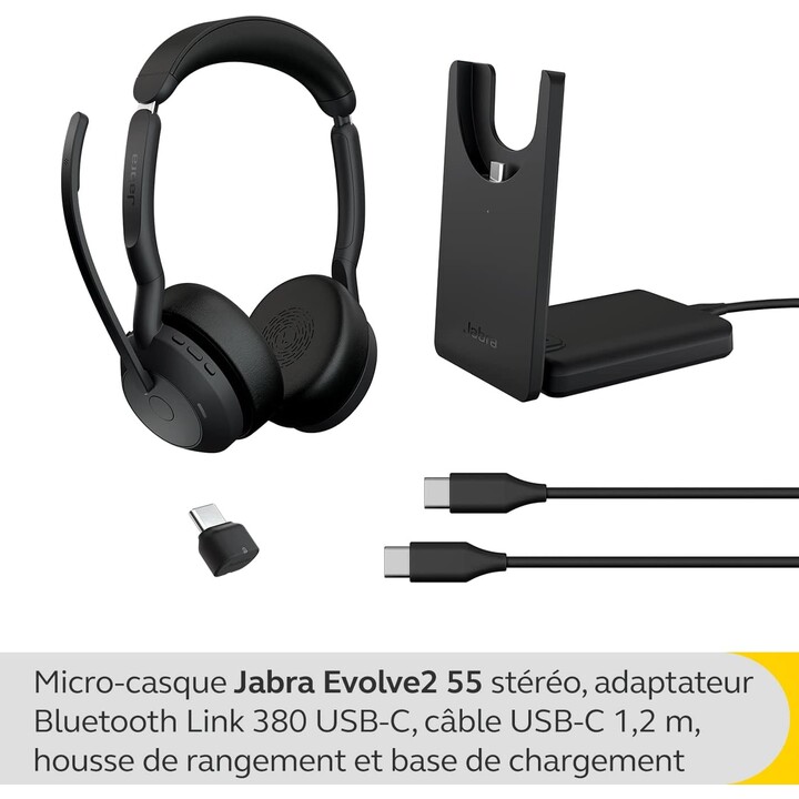 Jabra Evolve2 55 MS Stereo Link 380 USB-C com base de carregamento
