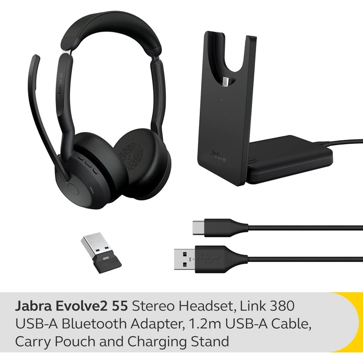 Fone de ouvido estéreo Jabra Evolve2 55 UC na orelha (Bluetooth, sem fio, USB-A, estação de carregamento)