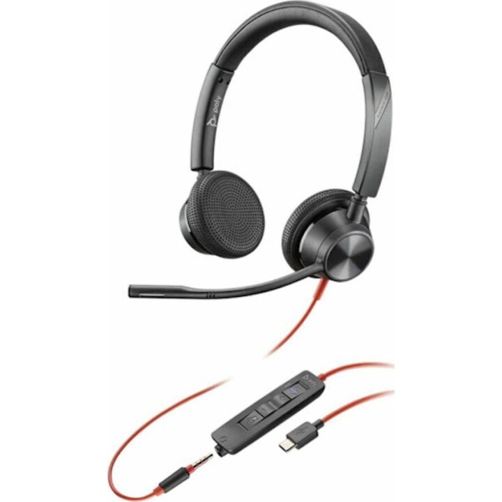 Auriculares estéreo HP Poly Blackwire 3325 con certificación Microsoft Teams, USB-C + Jack de 3,5 mm + Adaptador USB-C/A