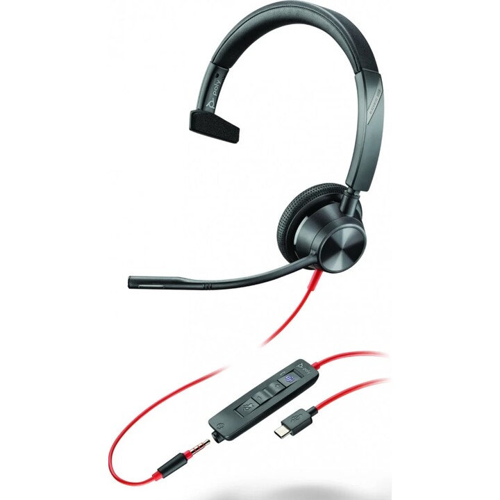 Poly Blackwire 3315 Auriculares monoaurales USB-C certificados por Microsoft Teams +3.5mm Plug +USB-C/A Adaptador